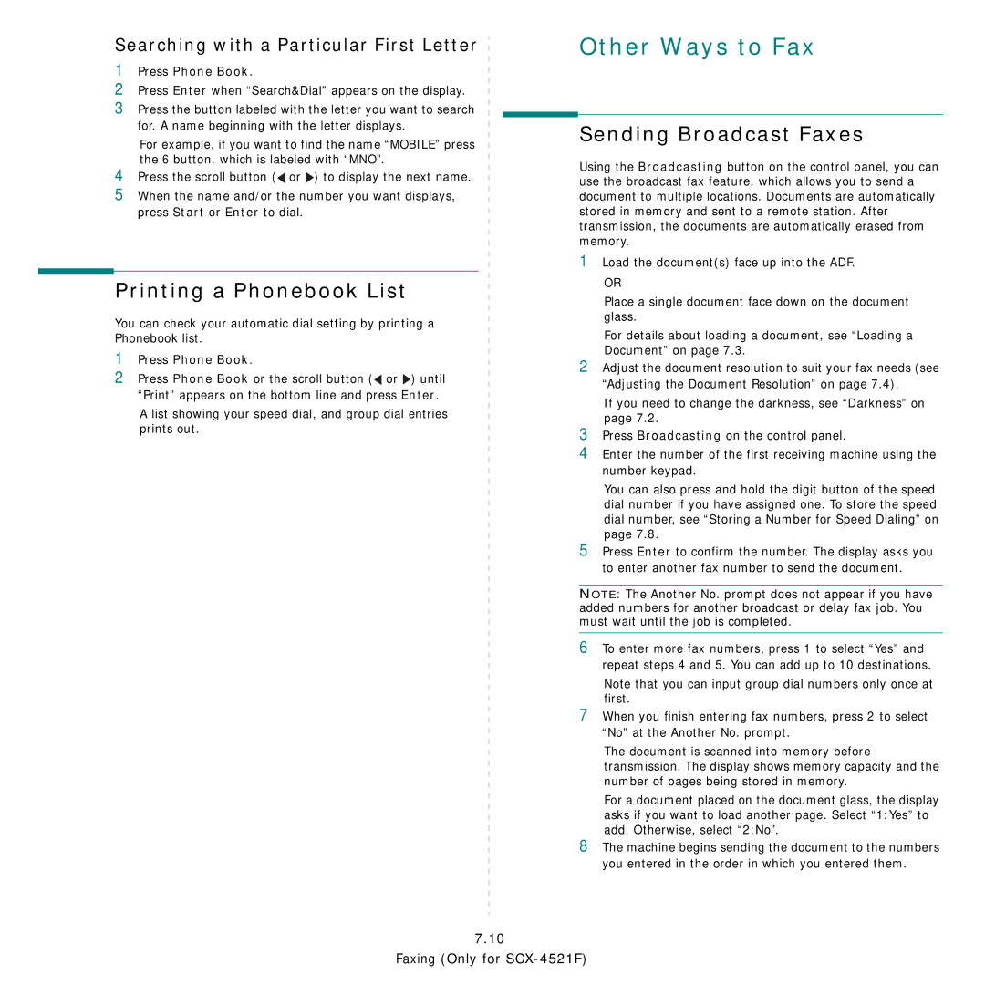 Samsung SCX-4521FG manual Printing a Phonebook List, Sending Broadcast Faxes, Searching with a Particular First Letter 