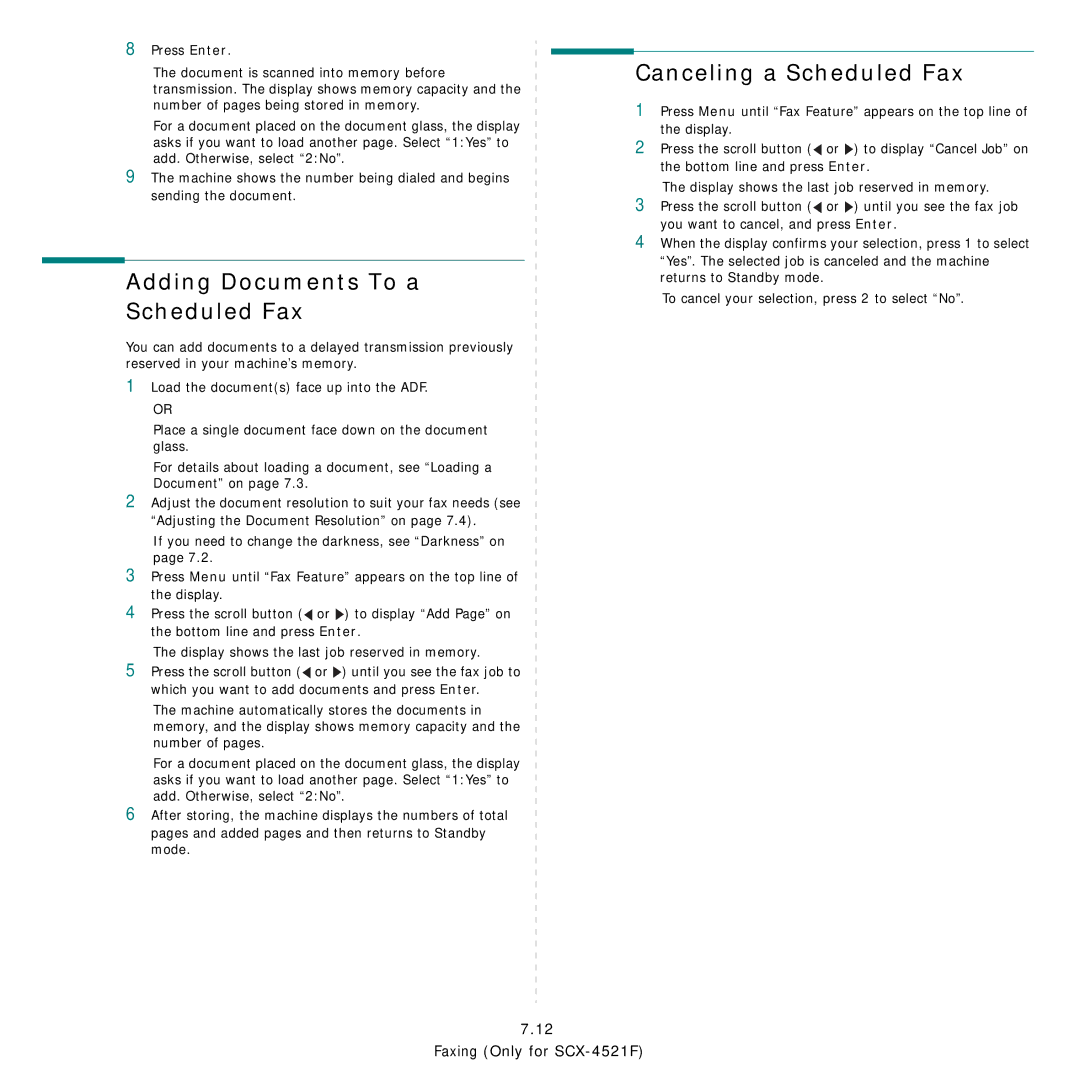 Samsung SCX-4521FG manual Adding Documents To a Scheduled Fax, Canceling a Scheduled Fax 