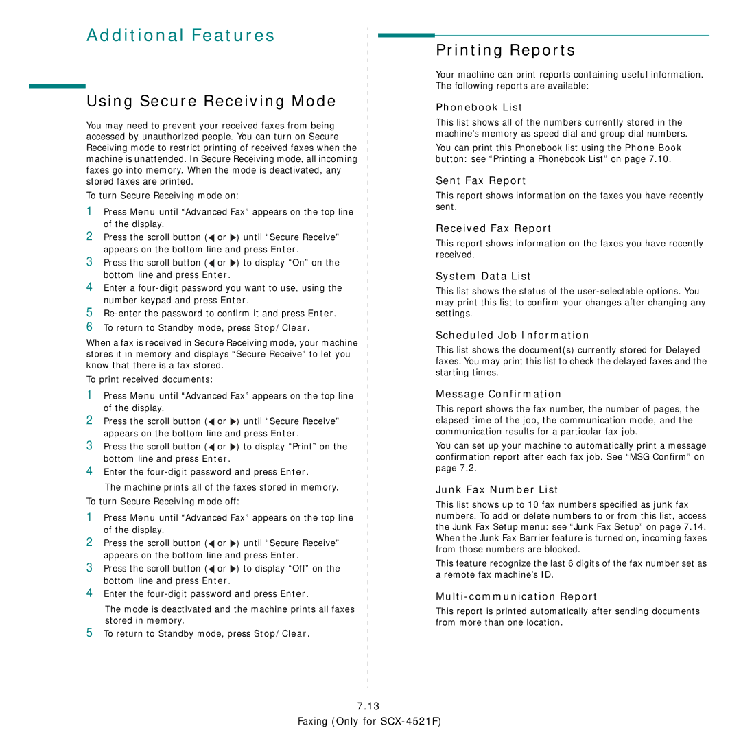 Samsung SCX-4521FG manual Using Secure Receiving Mode, Printing Reports 