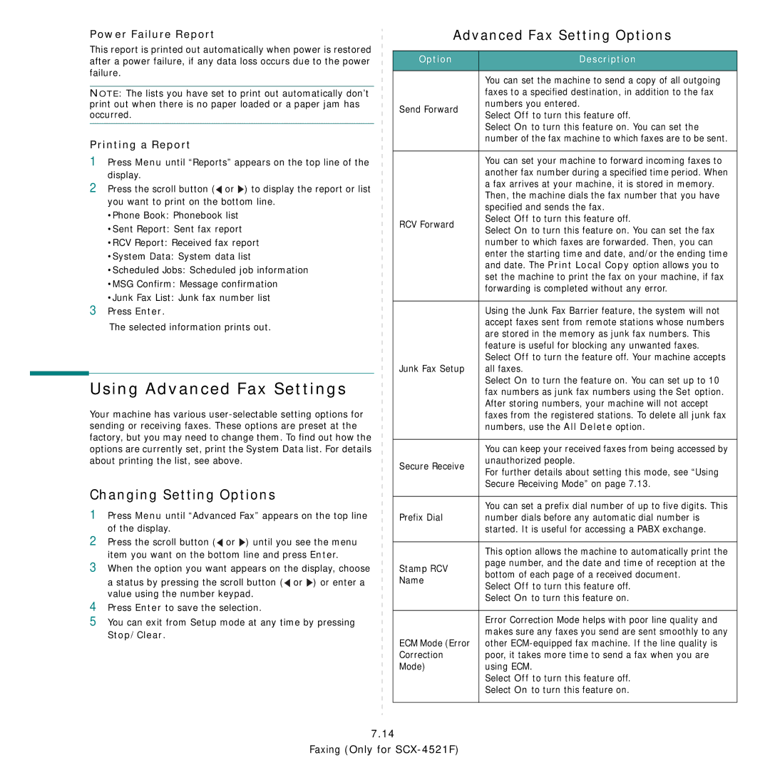 Samsung SCX-4521FG Using Advanced Fax Settings, Changing Setting Options, Advanced Fax Setting Options, Printing a Report 
