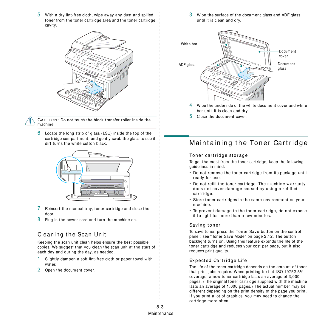 Samsung SCX-4521FG manual Maintaining the Toner Cartridge, Cleaning the Scan Unit, Toner cartridge storage, Saving toner 