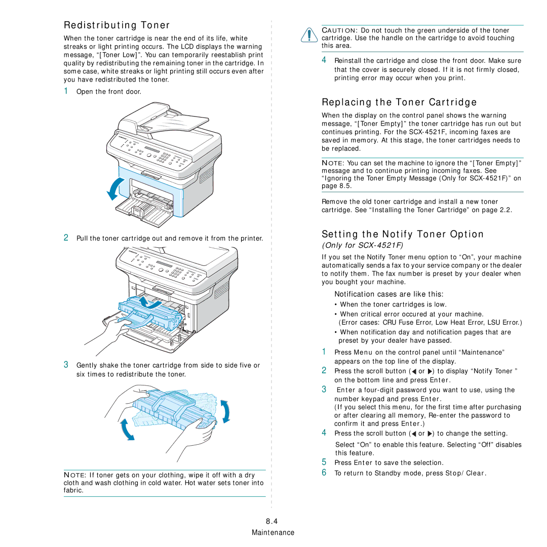 Samsung SCX-4521FG manual Redistributing Toner, Replacing the Toner Cartridge, Setting the Notify Toner Option 