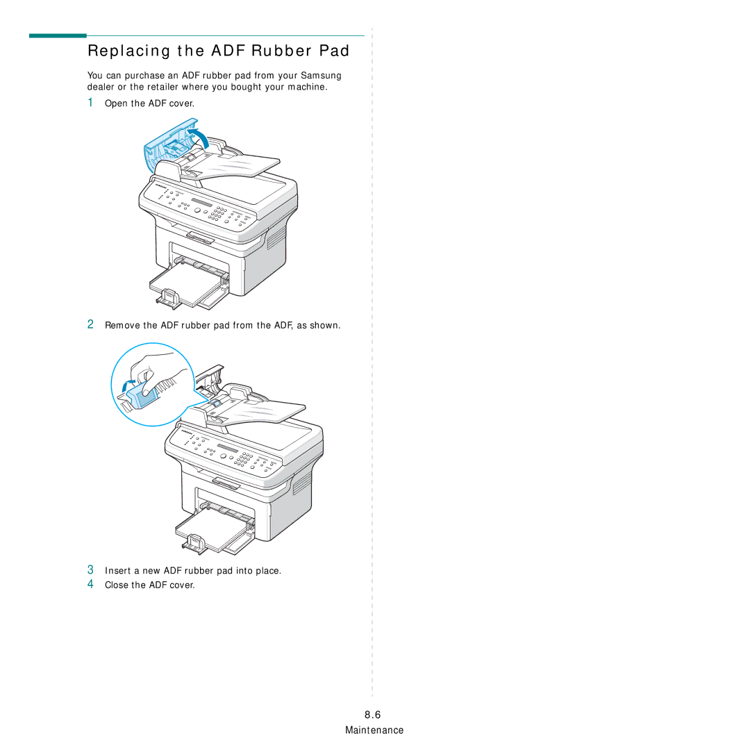 Samsung SCX-4521FG manual Replacing the ADF Rubber Pad 