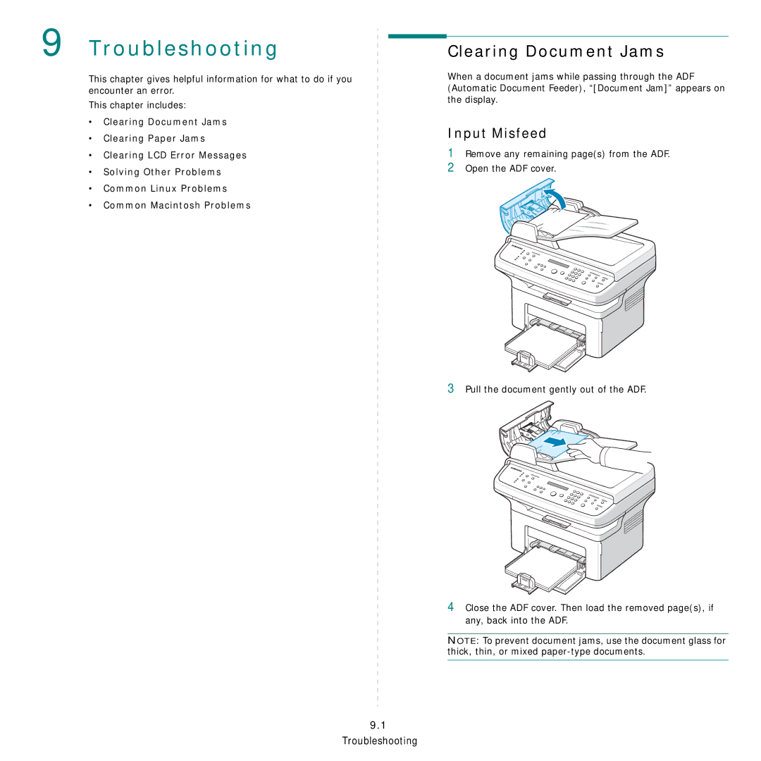 Samsung SCX-4521FG manual Troubleshooting, Clearing Document Jams, Input Misfeed 