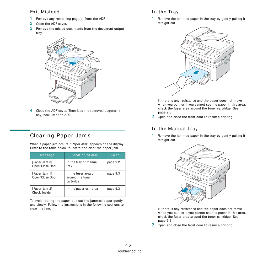 Samsung SCX-4521FG manual Clearing Paper Jams, Exit Misfeed, Manual Tray, Message Location of Jam Go to 