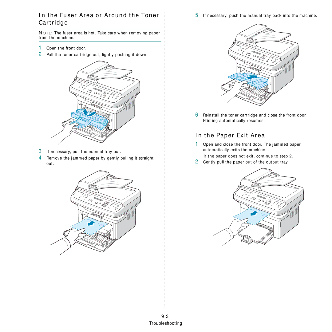 Samsung SCX-4521FG manual Fuser Area or Around the Toner Cartridge, Paper Exit Area 