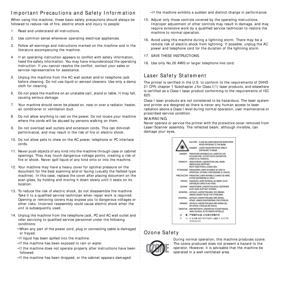 Samsung SCX-4521FG manual Important Precautions and Safety Information, Laser Safety Statement, Ozone Safety 