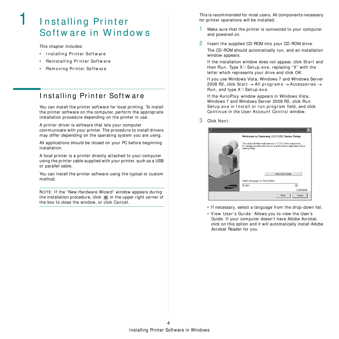 Samsung SCX-4521FG manual Installing Printer Software in Windows 