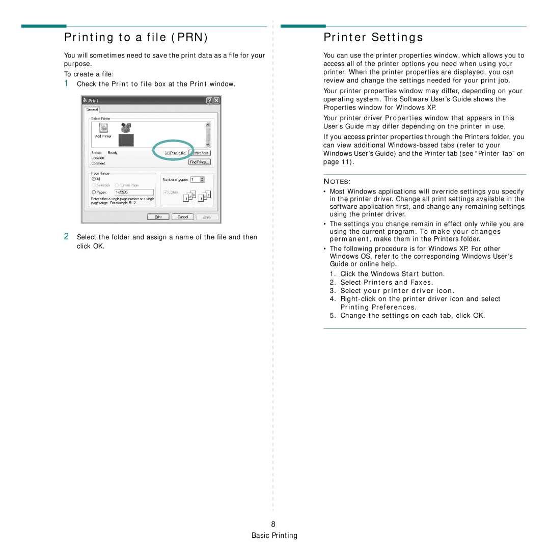 Samsung SCX-4521FG Printing to a file PRN, Printer Settings, Select Printers and Faxes Select your printer driver icon 