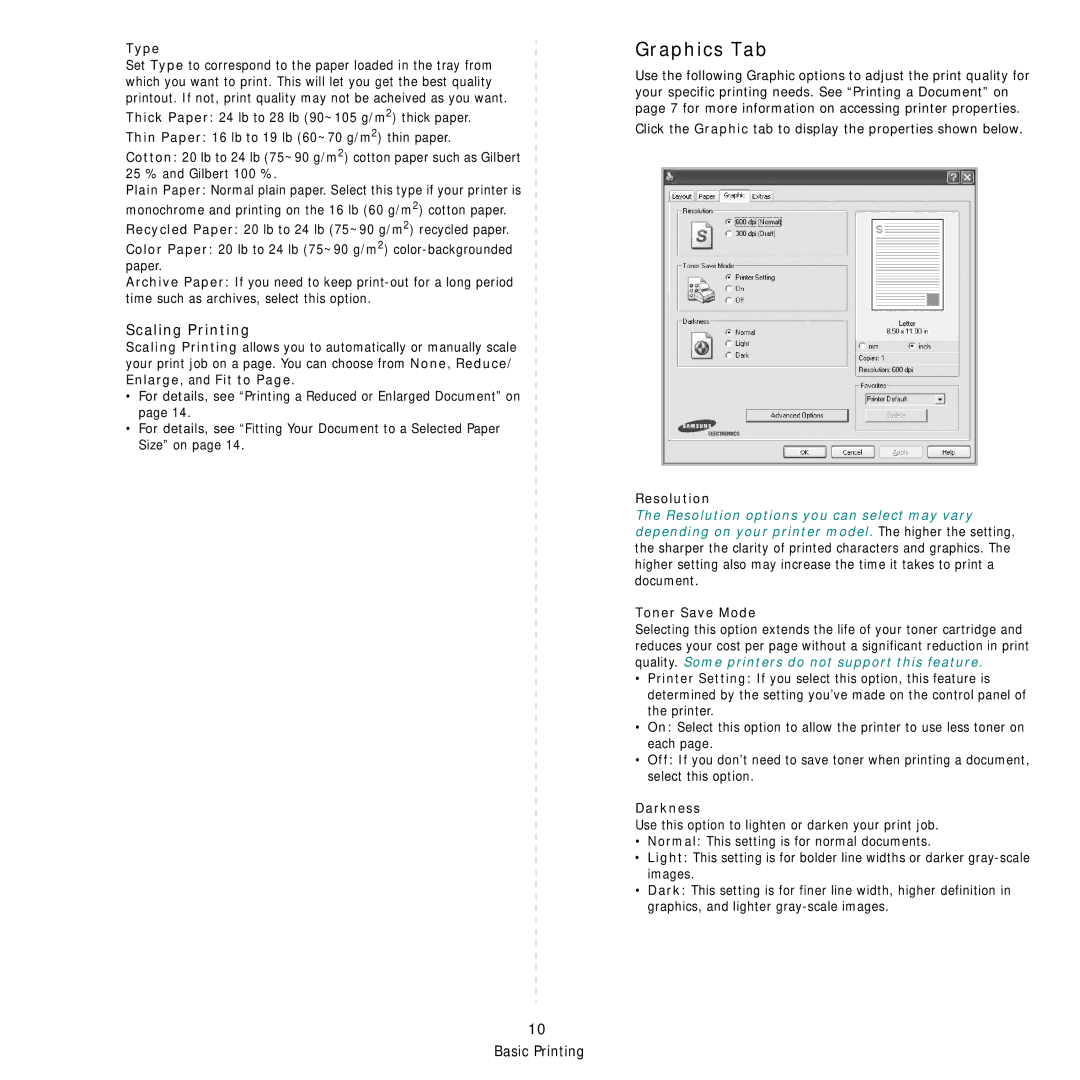 Samsung SCX-4521FG manual Graphics Tab, Scaling Printing, Type, Resolution, Toner Save Mode 