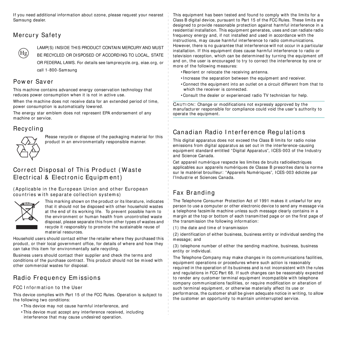 Samsung SCX-4521FG manual Mercury Safety, Power Saver, Recycling, Radio Frequency Emissions, Fax Branding 