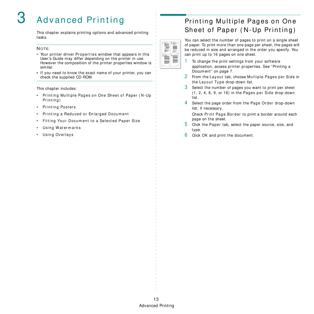 Samsung SCX-4521FG manual Advanced Printing, Printing Multiple Pages on One Sheet of Paper N-Up Printing 