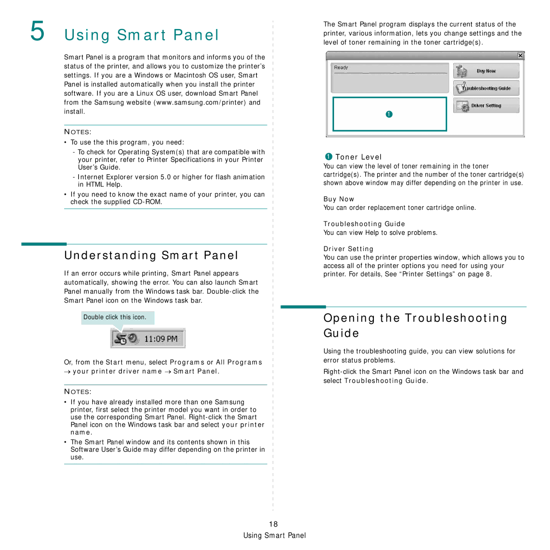 Samsung SCX-4521FG manual Using Smart Panel, Understanding Smart Panel, Opening the Troubleshooting Guide, Toner Level 