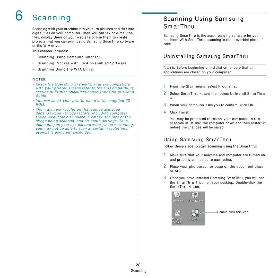 Samsung SCX-4521FG manual Scanning Using Samsung SmarThru, Uninstalling Samsung SmarThru 