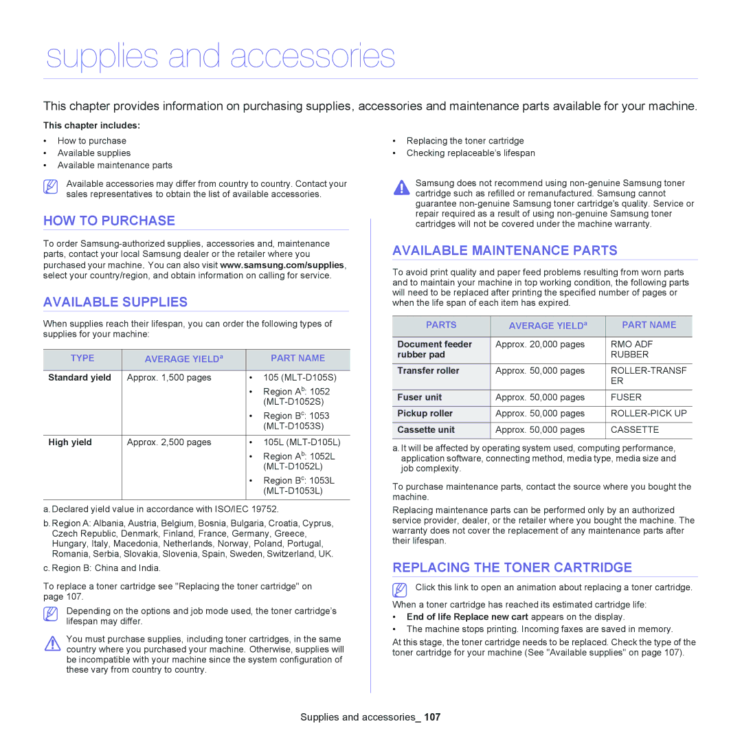 Samsung SCX-4600, SCX-4623 manual Supplies and accessories, HOW to Purchase, Available Supplies, Available Maintenance Parts 