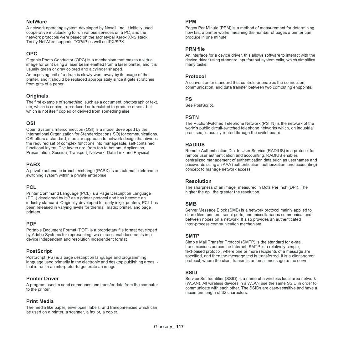 Samsung SCX-4600, SCX-4623 NetWare, Originals, PostScript, Printer Driver, Print Media, PRN file, Protocol, Resolution 