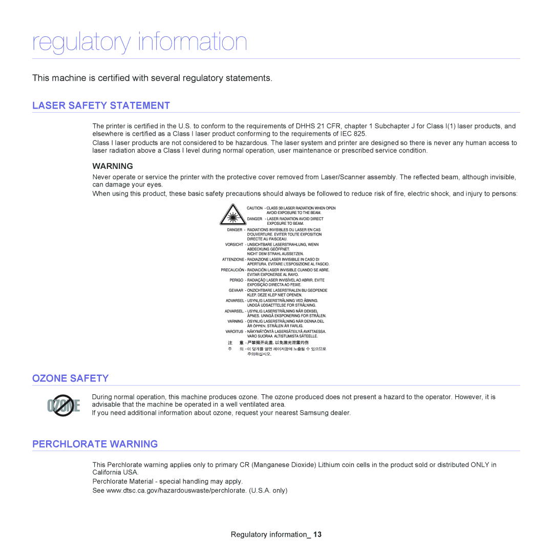 Samsung SCX-4600, SCX-4623 manual Regulatory information, Laser Safety Statement, Ozone Safety, Perchlorate Warning 