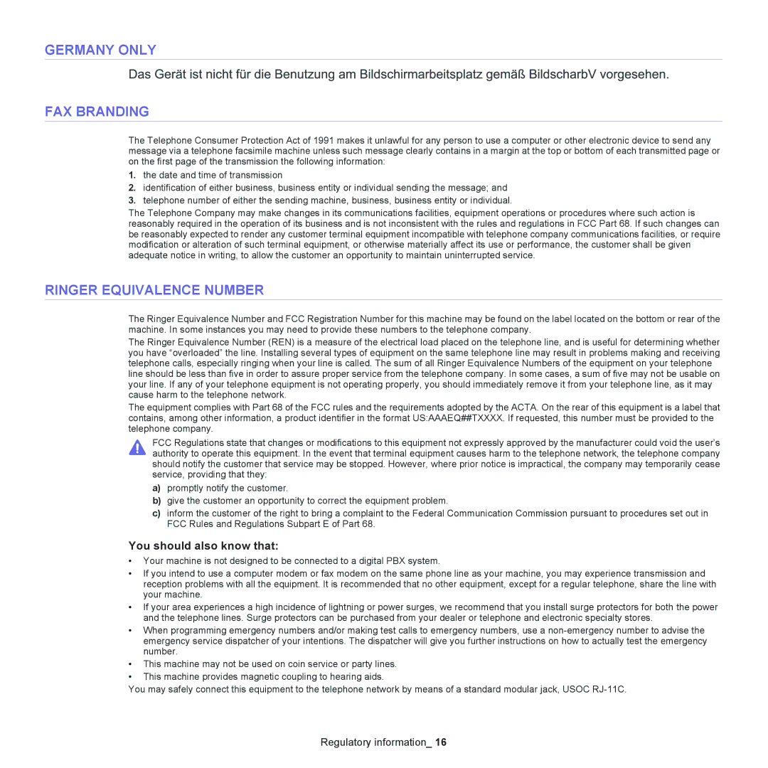 Samsung SCX-4623, SCX-4600 manual Germany only FAX Branding, Ringer Equivalence Number, You should also know that 