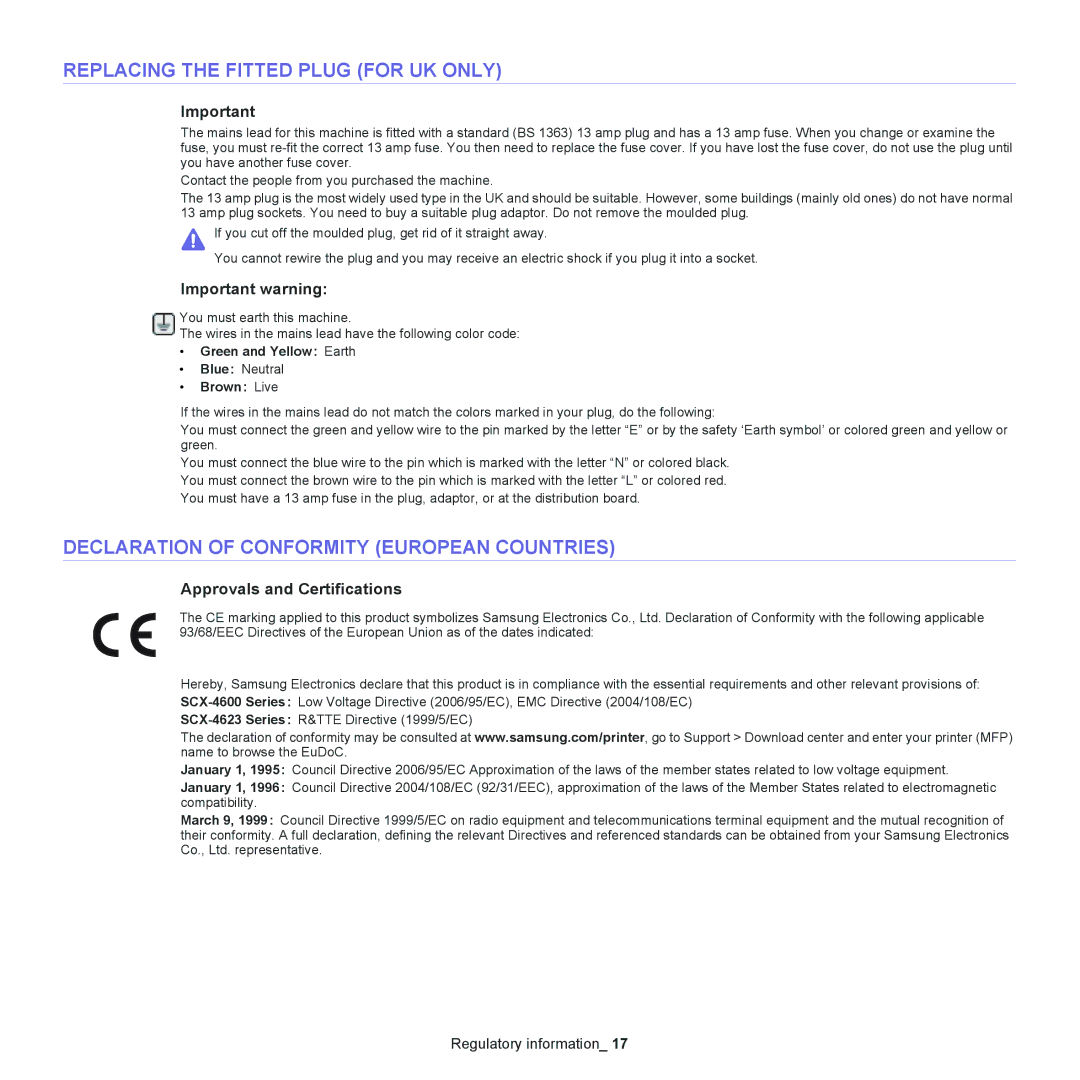 Samsung SCX-4600 Replacing the Fitted Plug for UK only, Declaration of Conformity European Countries, Important warning 