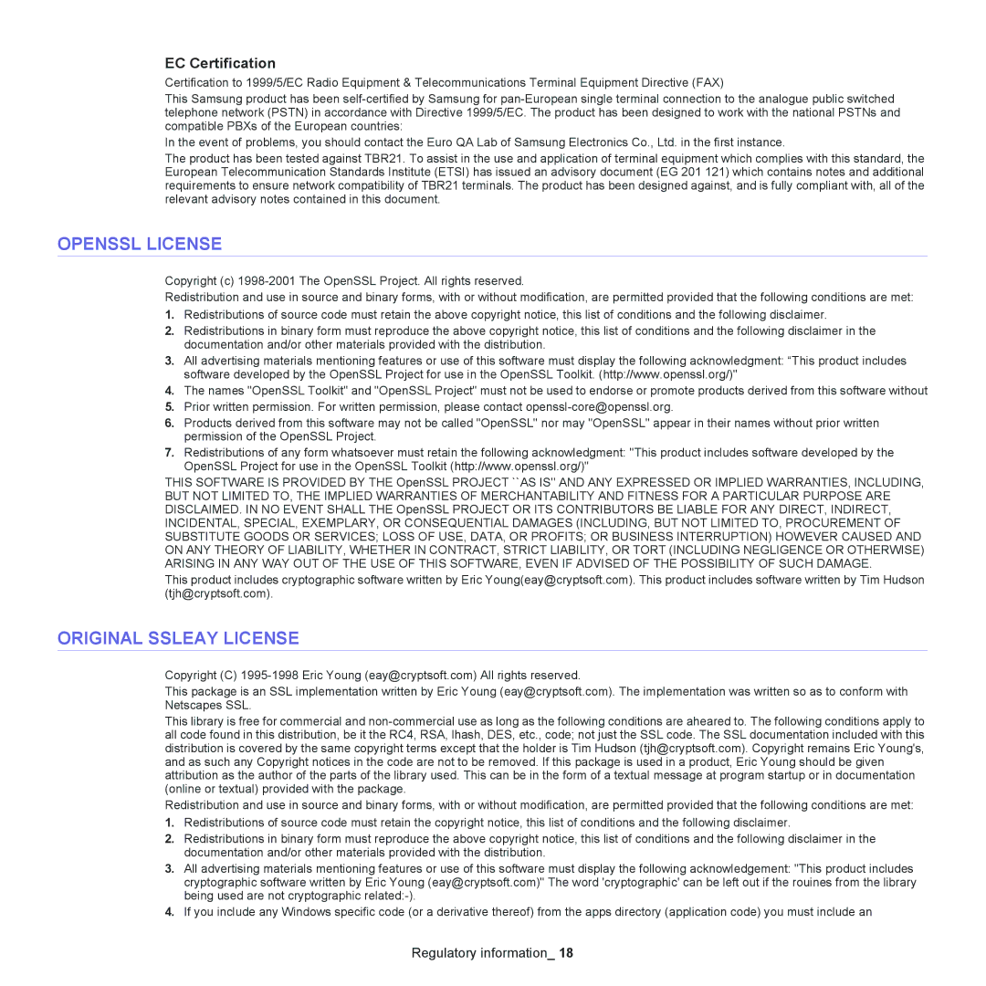 Samsung SCX-4623, SCX-4600 manual Openssl License, Original Ssleay License, EC Certification 