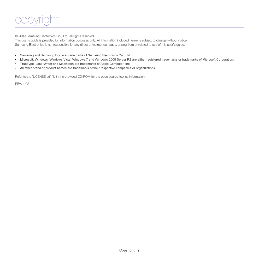 Samsung SCX-4623, SCX-4600 manual Copyright 