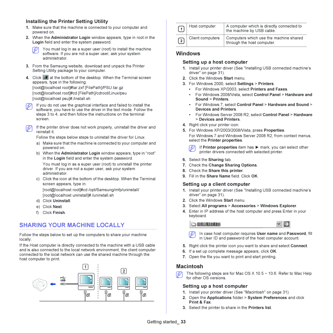 Samsung SCX-4600 manual Sharing Your Machine Locally, Installing the Printer Setting Utility, Setting up a host computer 