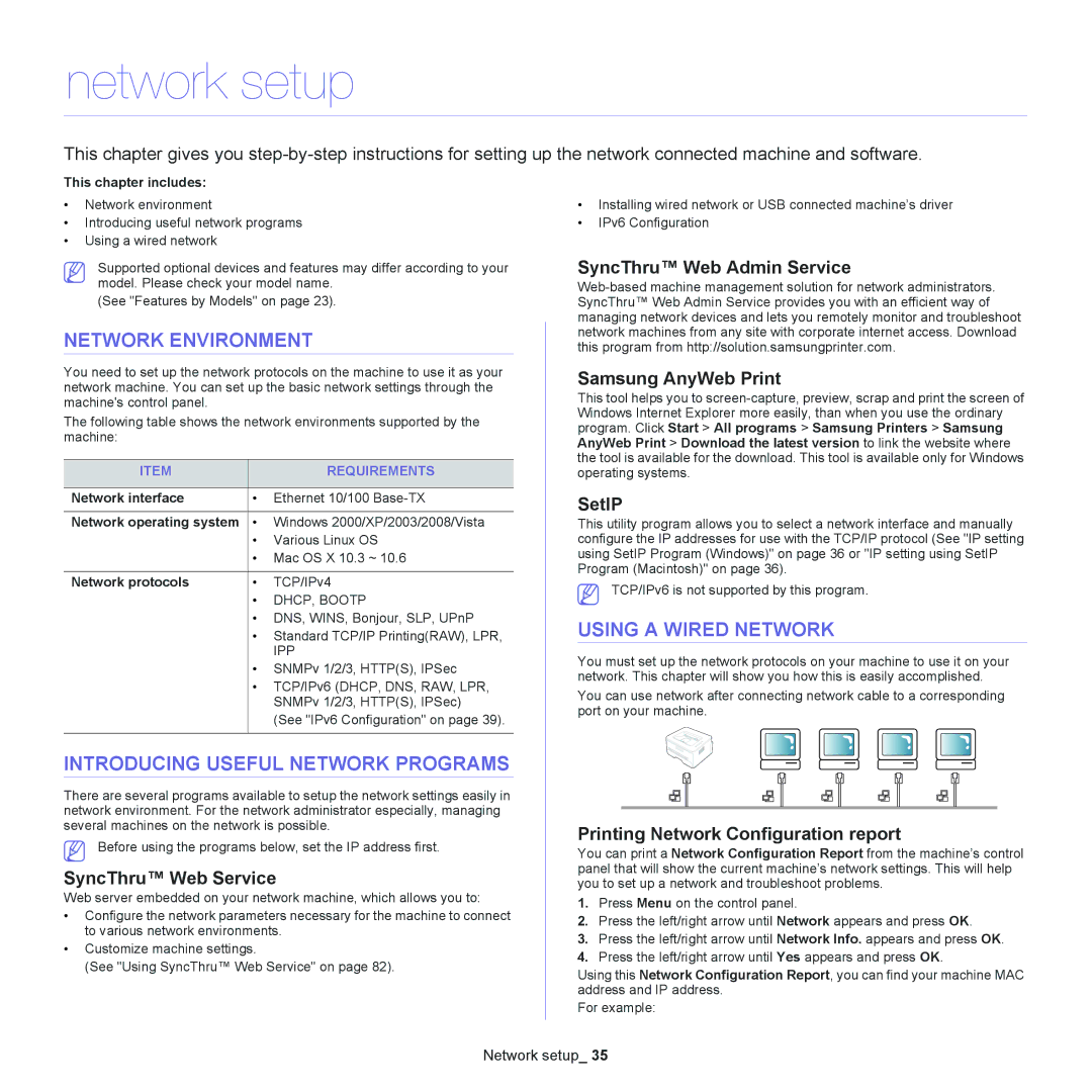 Samsung SCX-4600, SCX-4623 Network setup, Network Environment, Introducing Useful Network Programs, Using a Wired Network 