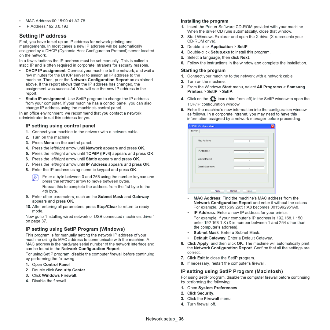 Samsung SCX-4623, SCX-4600 manual Setting IP address, IP setting using control panel, IP setting using SetIP Program Windows 