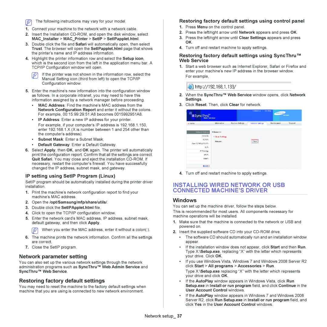 Samsung SCX-4600, SCX-4623 manual Installing Wired Network or USB Connected MACHINE’S Driver, Network parameter setting 