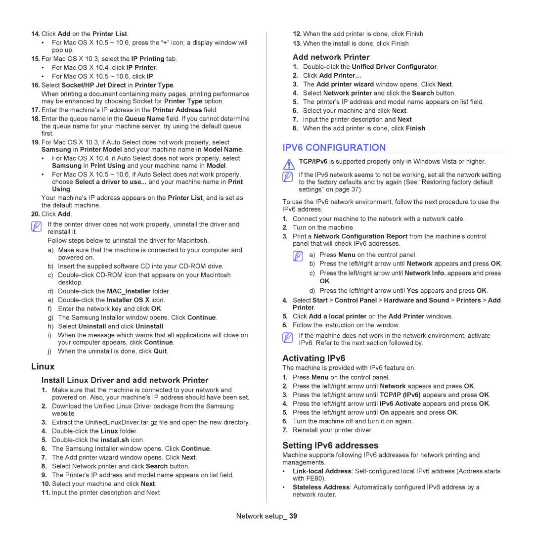 Samsung SCX-4600 IPV6 Configuration, Activating IPv6, Setting IPv6 addresses, Install Linux Driver and add network Printer 