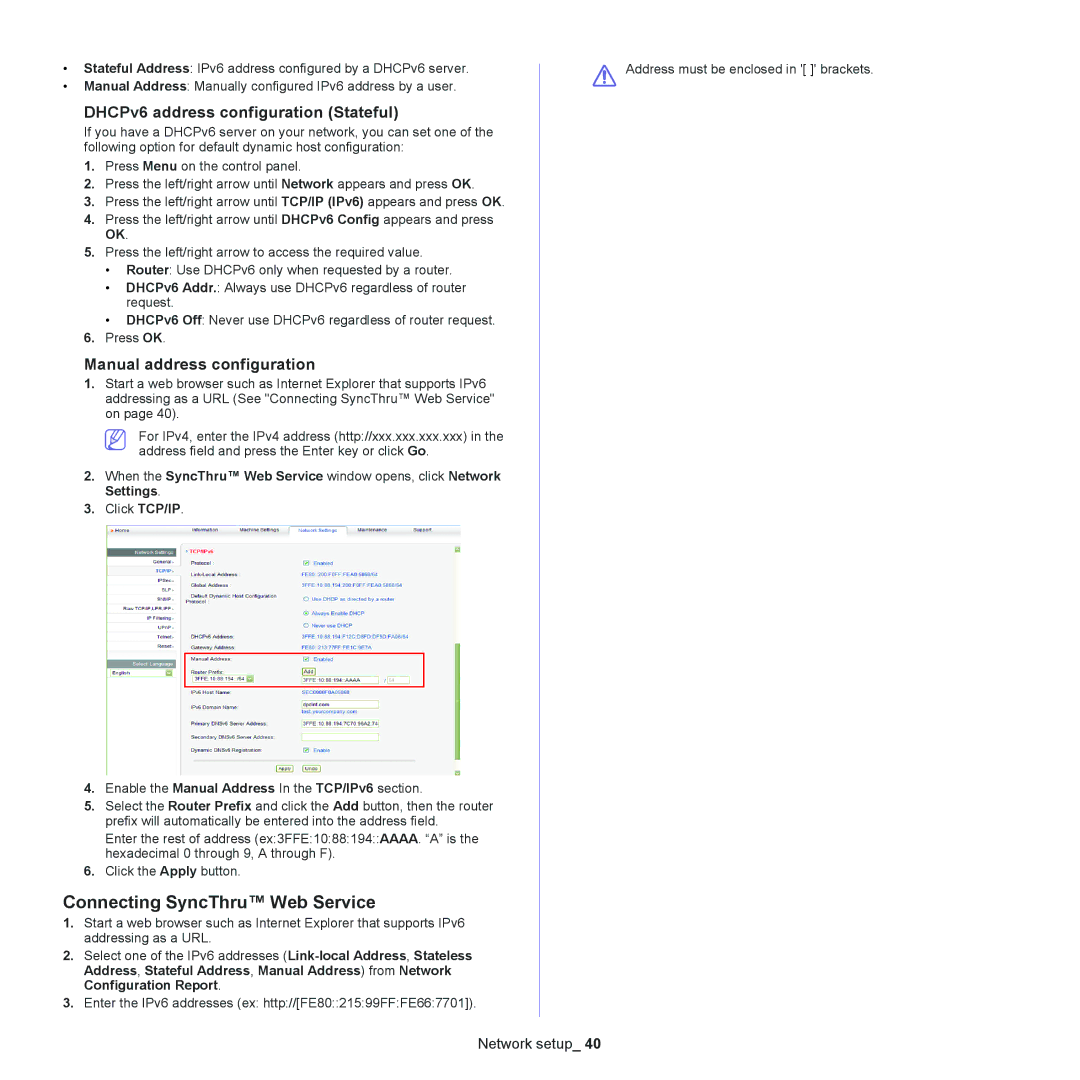 Samsung SCX-4623 Connecting SyncThru Web Service, DHCPv6 address configuration Stateful, Manual address configuration 