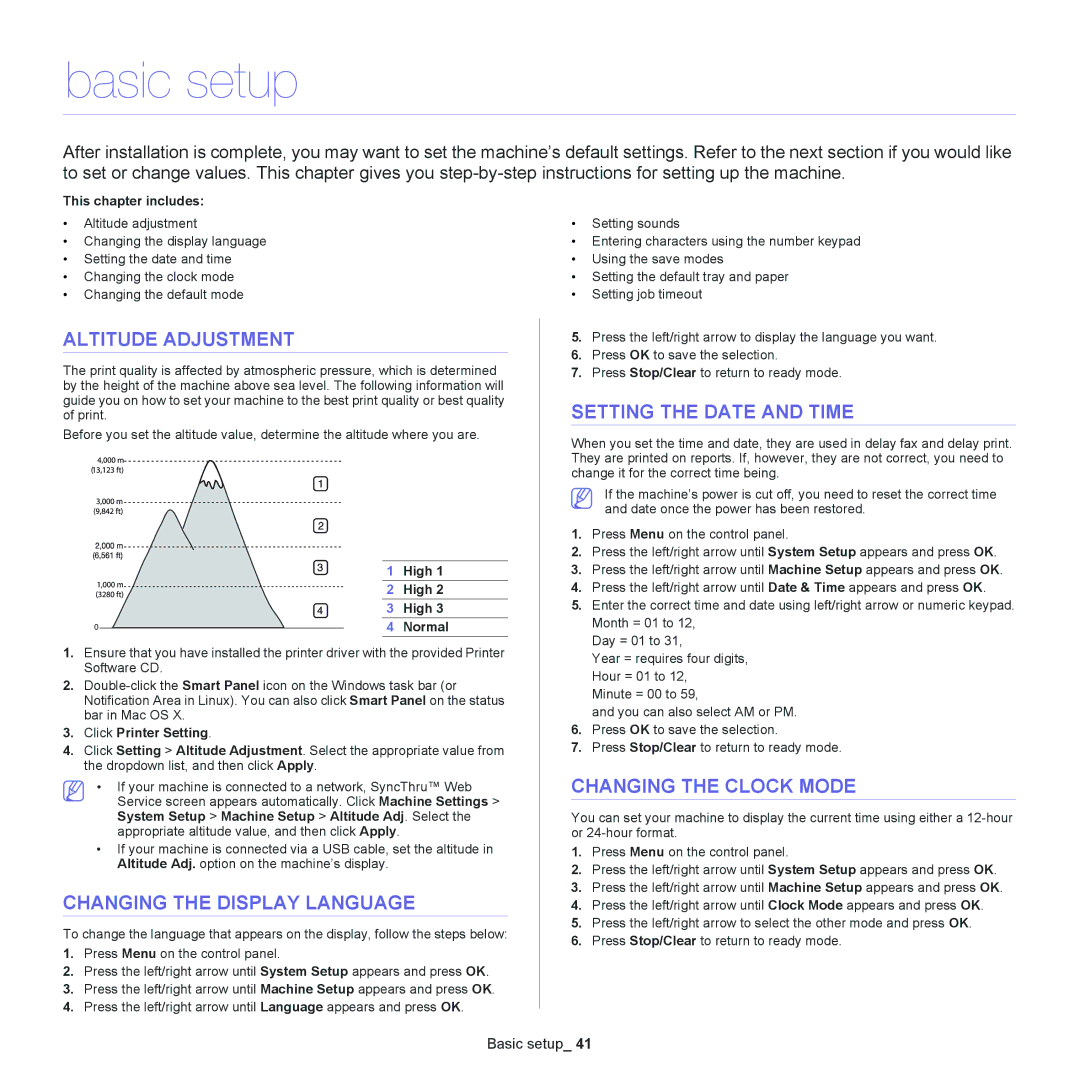 Samsung SCX-4600, SCX-4623 manual Basic setup, Altitude Adjustment, Changing the Display Language, Setting the Date and Time 