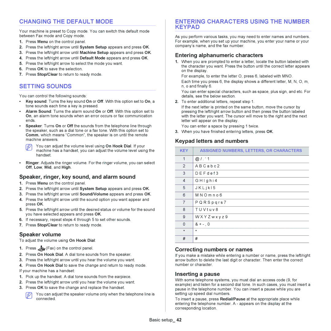 Samsung SCX-4623, SCX-4600 manual Changing the Default Mode, Setting Sounds, Entering Characters Using the Number Keypad 