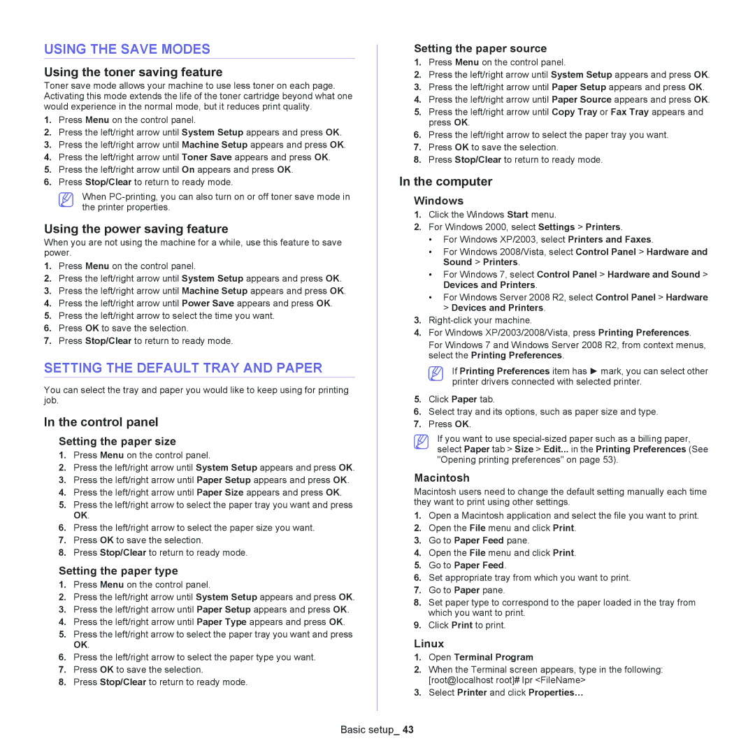 Samsung SCX-4600, SCX-4623 manual Using the Save Modes, Setting the Default Tray and Paper 