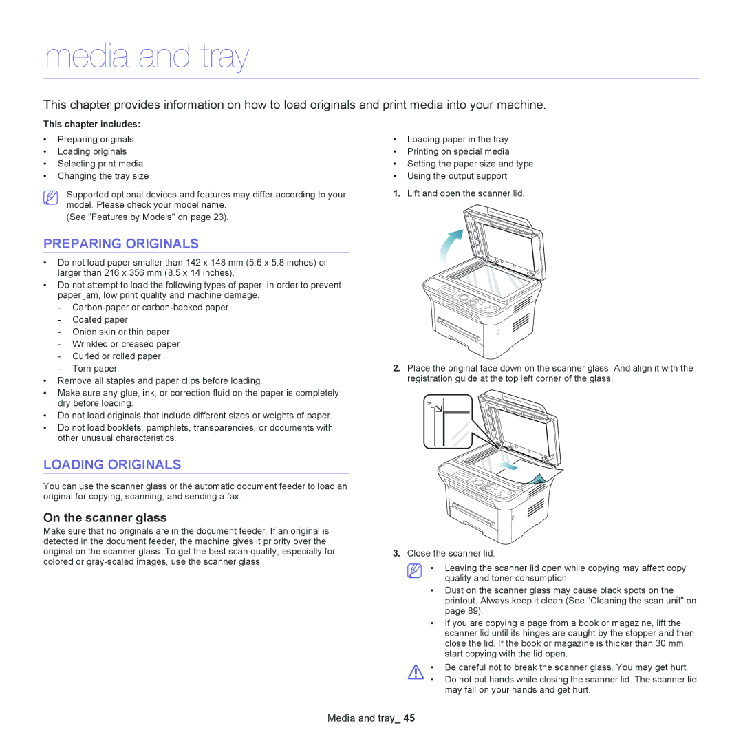 Samsung SCX-4600, SCX-4623 manual Media and tray, Preparing Originals, Loading Originals, On the scanner glass 