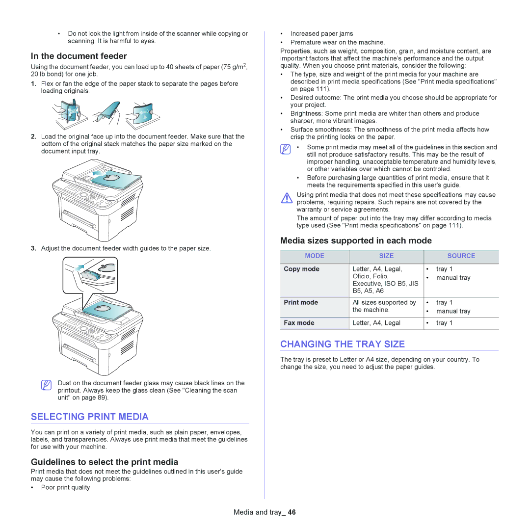 Samsung SCX-4623 Selecting Print Media, Changing the Tray Size, Document feeder, Guidelines to select the print media 