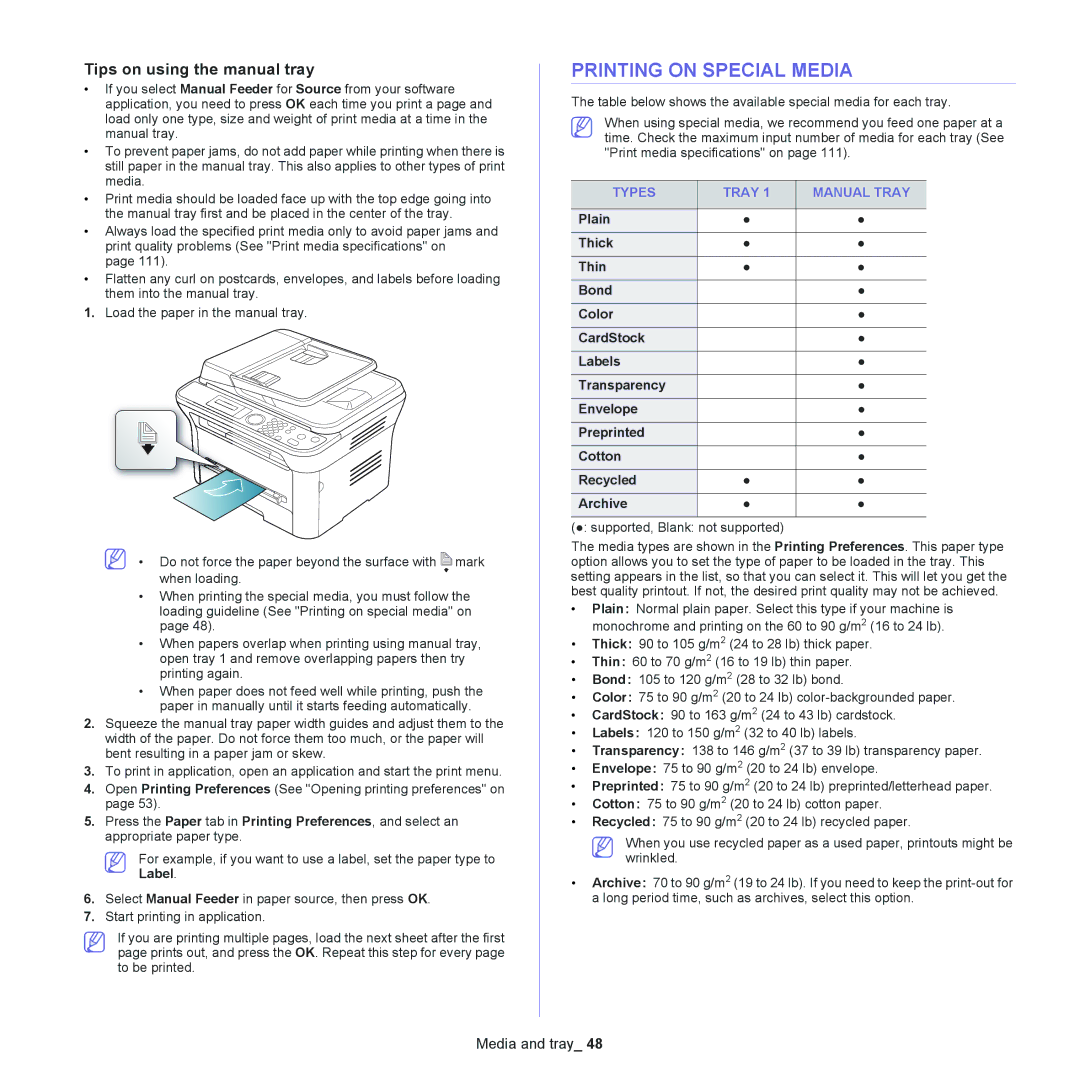 Samsung SCX-4623, SCX-4600 Printing on Special Media, Tips on using the manual tray, Types Tray Manual Tray 