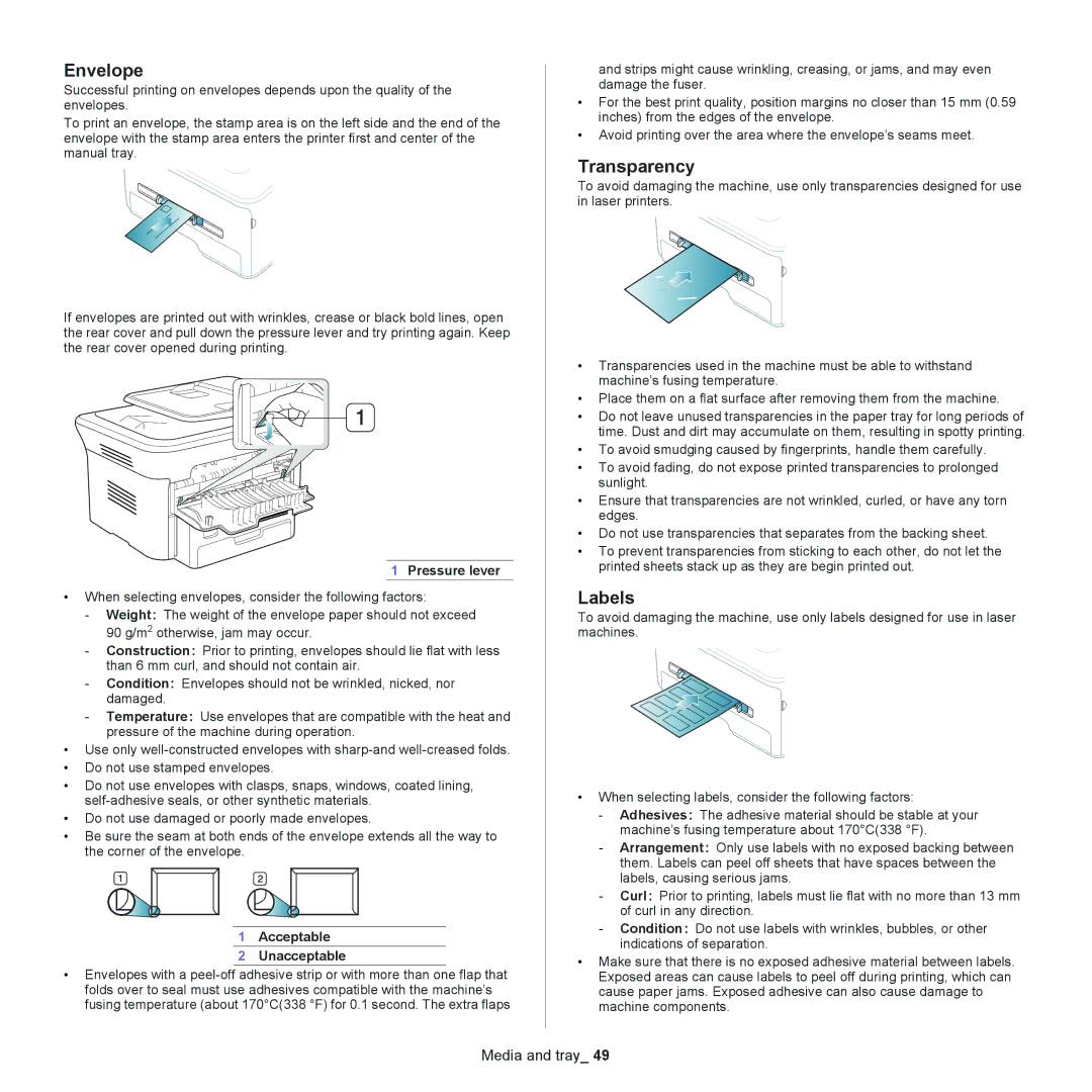 Samsung SCX-4600, SCX-4623 manual Envelope, Transparency, Labels, Pressure lever, Acceptable Unacceptable 