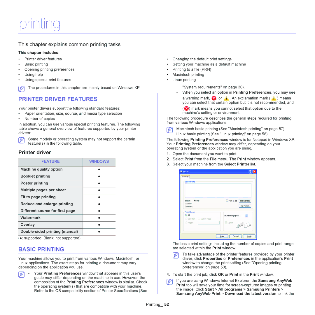 Samsung SCX-4623, SCX-4600 manual Printer Driver Features, Basic Printing, Printer driver 