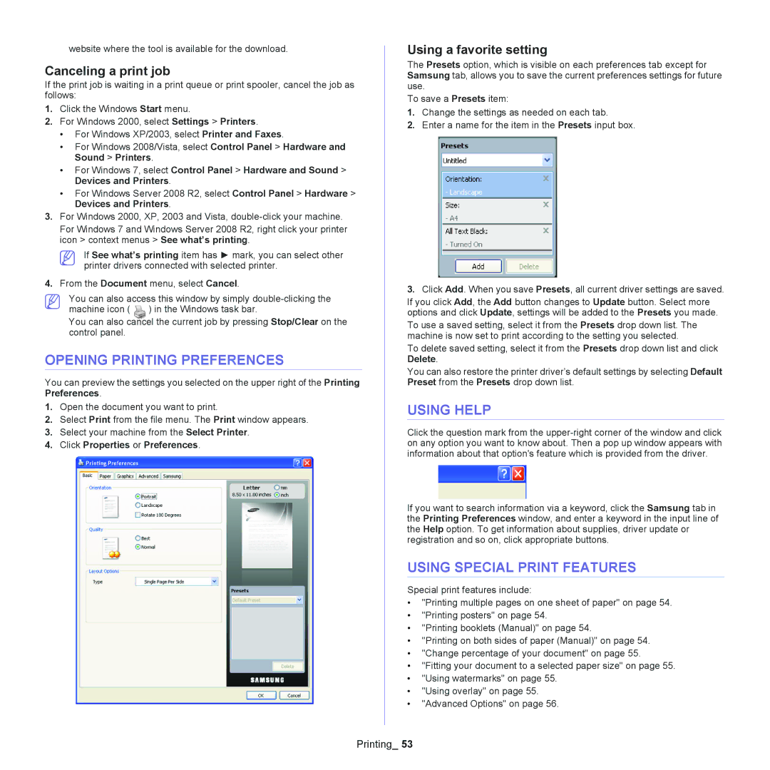 Samsung SCX-4600, SCX-4623 Opening Printing Preferences, Using Help, Using Special Print Features, Canceling a print job 