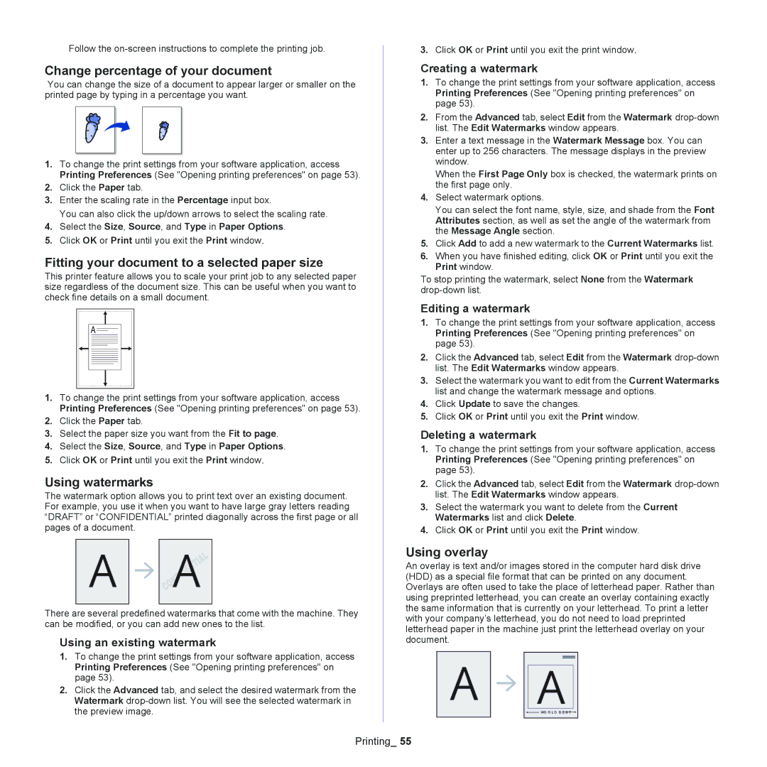 Samsung SCX-4600 Change percentage of your document, Fitting your document to a selected paper size, Using watermarks 