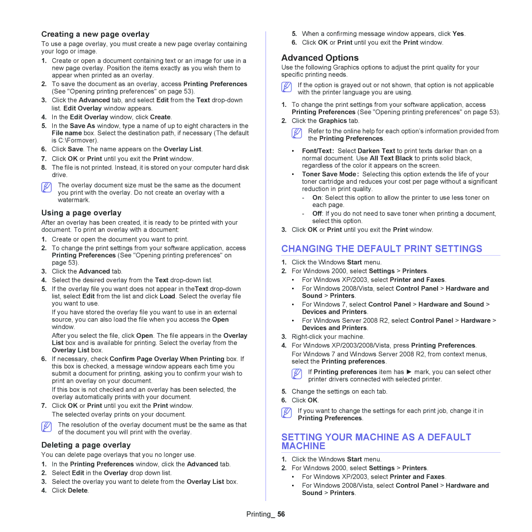 Samsung SCX-4623 manual Changing the Default Print Settings, Setting Your Machine AS a Default Machine, Advanced Options 