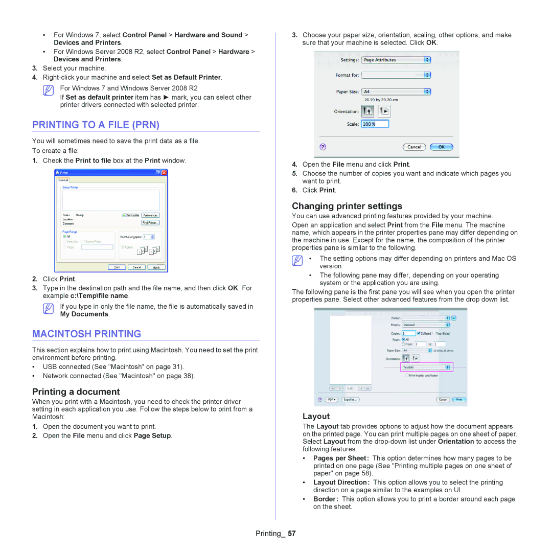 Samsung SCX-4600 manual Printing to a File PRN, Macintosh Printing, Printing a document, Changing printer settings, Layout 