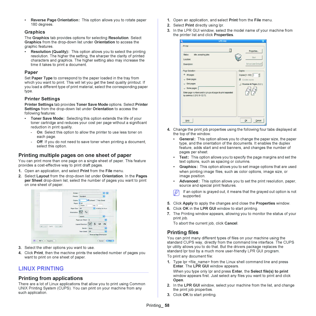 Samsung SCX-4623, SCX-4600 manual Linux Printing, Printing from applications, Printing files 