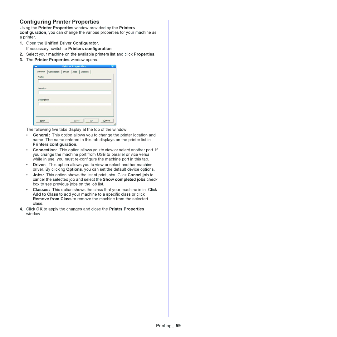 Samsung SCX-4600 Configuring Printer Properties, Open the Unified Driver Configurator, Printer Properties window opens 