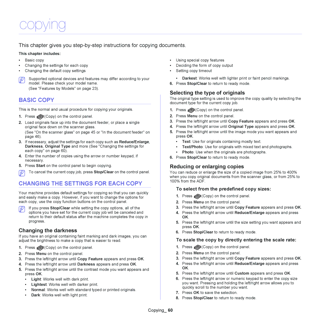 Samsung SCX-4623, SCX-4600 manual Copying, Basic Copy, Changing the Settings for Each Copy 