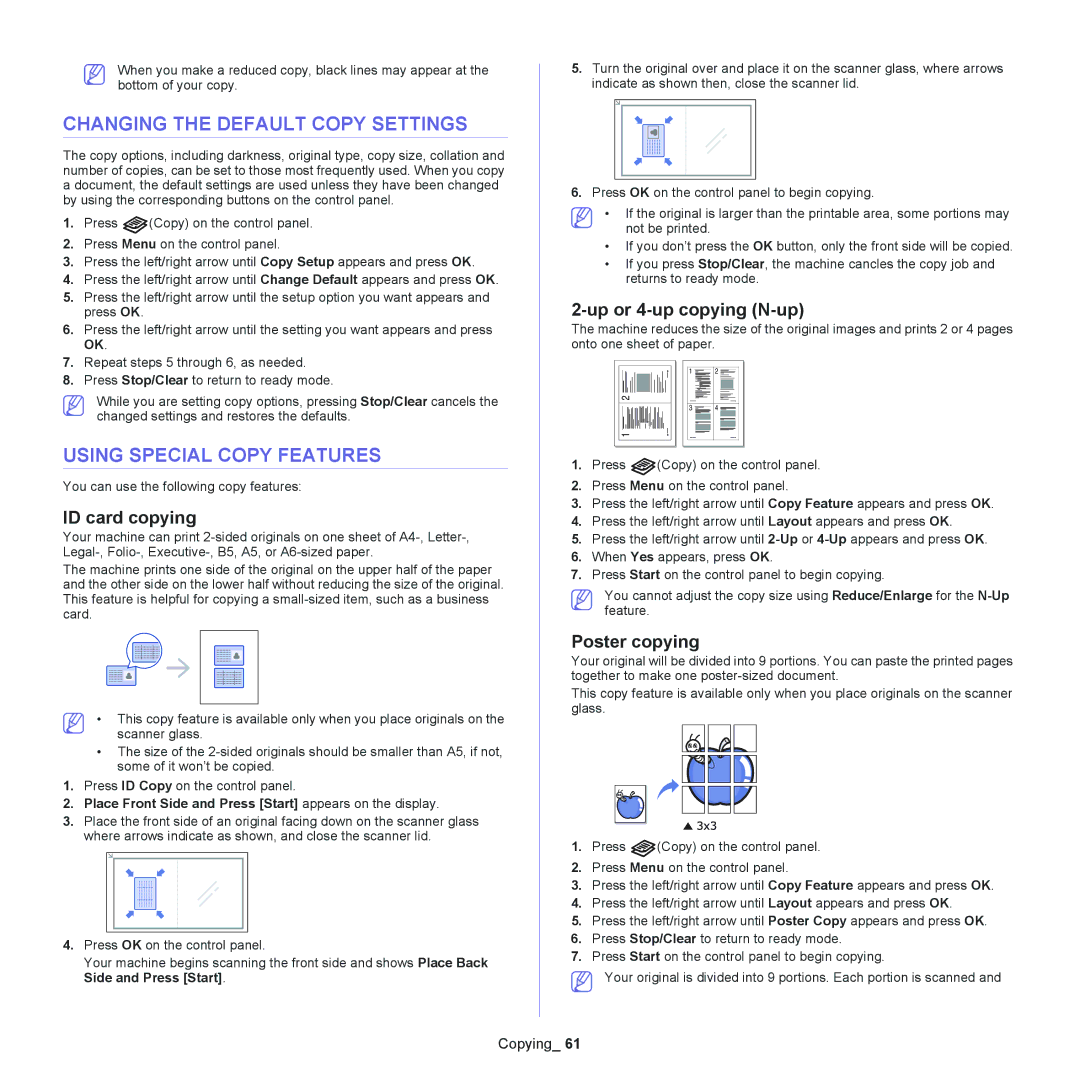 Samsung SCX-4600 Changing the Default Copy Settings, Using Special Copy Features, ID card copying, Up or 4-up copying N-up 