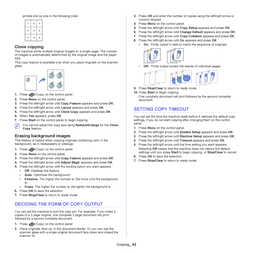 Samsung SCX-4623 manual Deciding the Form of Copy Output, Setting Copy Timeout, Clone copying, Erasing background images 