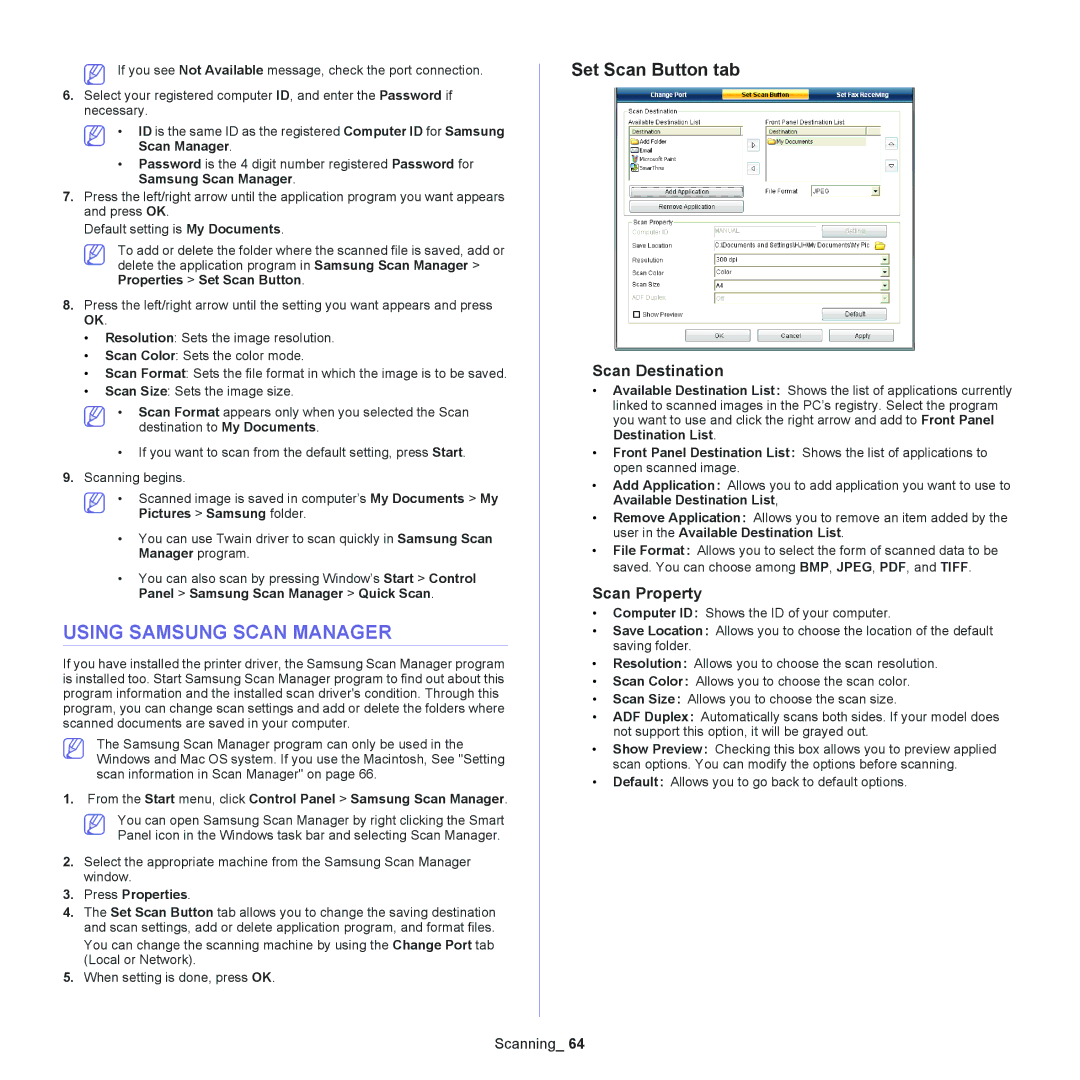 Samsung SCX-4623 manual Using Samsung Scan Manager, Set Scan Button tab, Scan Destination, Scan Property, Press Properties 