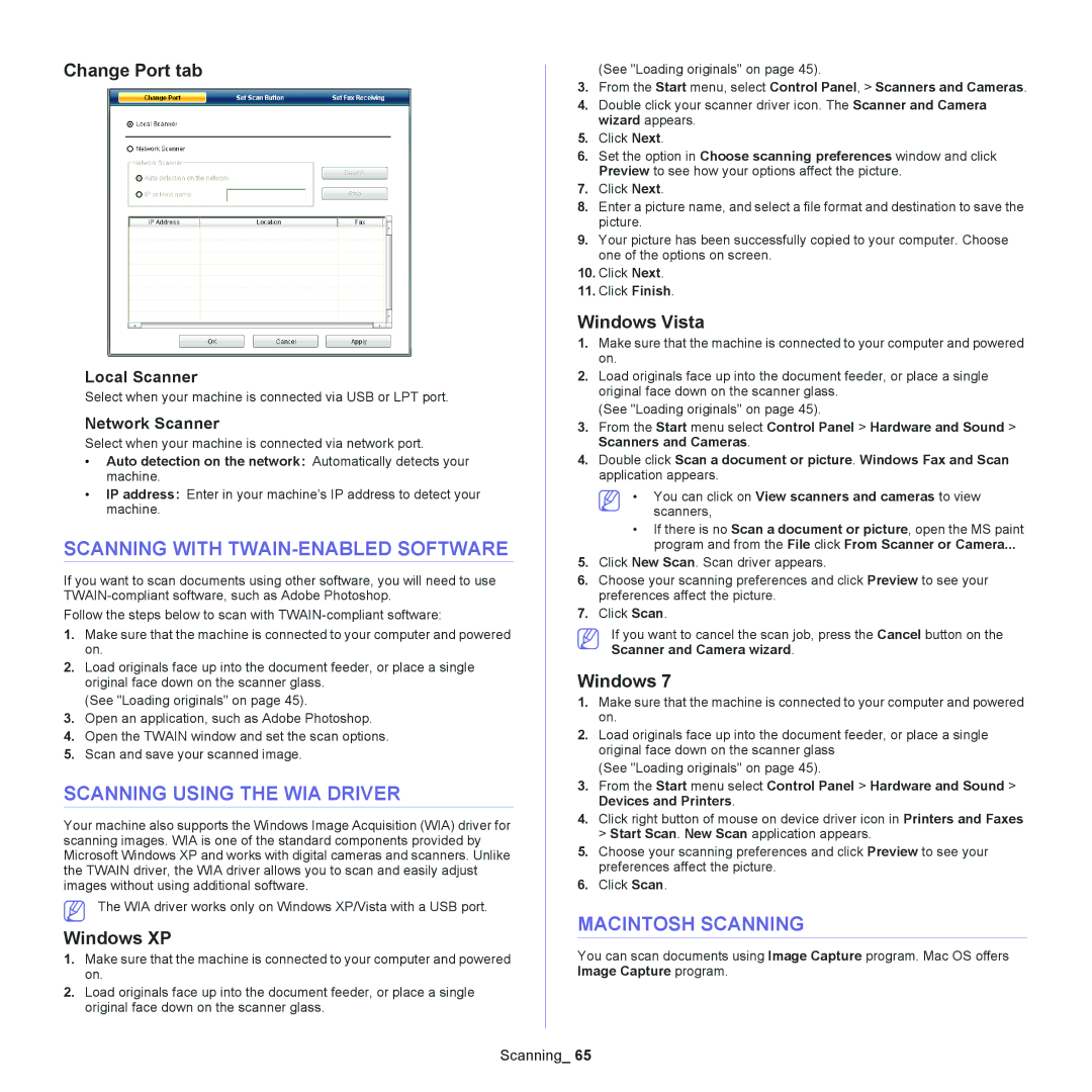 Samsung SCX-4600, SCX-4623 manual Scanning with TWAIN-ENABLED Software, Scanning Using the WIA Driver, Macintosh Scanning 